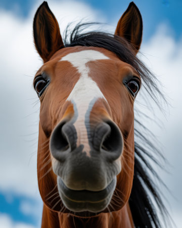 Extreme close-up macro shot of a brown horse's face. The horse has a prominent white blaze on its forehead and a dark mane. Its nostrils are flared, and its dark eyes are visible. The background is a blurred sky with clouds.の素材