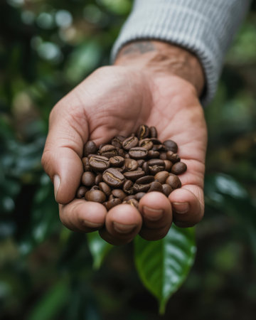 A person's open palm holds a pile of dark brown roasted coffee beans. The background is a blurred expanse of lush green coffee plant leaves, suggesting a plantation setting. The lighting highlights the texture and rich color of the beans.の素材