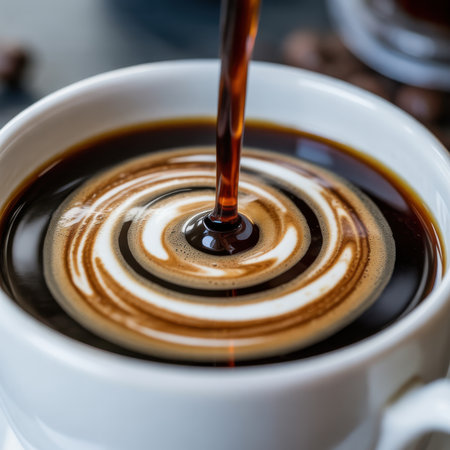 A stream of dark brown liquid coffee is being poured into a white mug, creating intricate swirling patterns in the light brown foam. The coffee is dark and rich, with visible bubbles in the foam. The composition is a close-up shot, focusing on the dynamic interaction of the liquid and foam.の素材