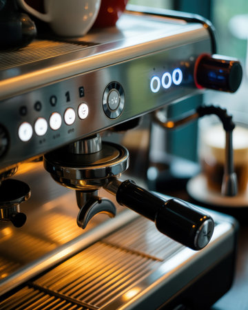 A detailed close-up shot of a stainless steel espresso machine. Illuminated white buttons and a digital display showing "000" are visible on the front panel. A black portafilter handle is attached to the group head. The machine has a sleek, metallic finish with warm lighting reflecting off its surface. In the background, a cup of coffee and other mugs are blurred.の素材