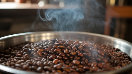 A close-up view of numerous dark brown coffee beans piled high in a silver metal bowl. Wisps of light blue smoke or steam rise from the beans, indicating they are freshly roasted and hot. The background is softly blurred, showing hints of a wooden surface and warm lighting, suggesting an indoor setting like a cafe or kitchen.の素材