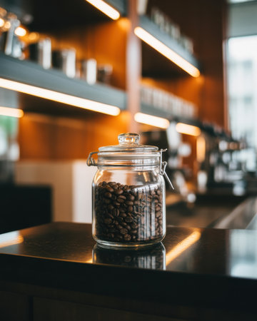 A clear glass jar filled with dark roasted coffee beans sits on a reflective black counter. The background is blurred, showing warm orange lighting from overhead fixtures and shelves stocked with items, suggesting a cafe or coffee shop setting.の素材