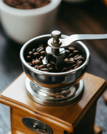 A close-up shot focuses on a vintage manual coffee grinder filled with dark roasted coffee beans. The grinder has a silver metal top with a crank handle and a wooden base. The background is blurred, showing a white container also filled with coffee beans and a dark textured surface.の素材