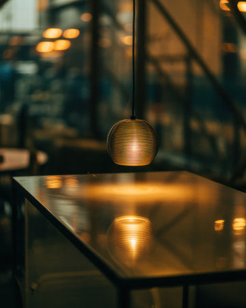 A round, golden pendant light with horizontal ribbed detailing hangs in a dimly lit interior. Its warm light reflects brightly on the polished surface of a table below, creating a mirror image of the lamp. The background is blurred with soft bokeh lights in shades of yellow and orange, suggesting a cozy or atmospheric setting like a cafe or restaurant.の素材