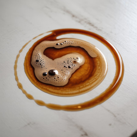 A close-up, overhead view of spilled coffee forming a heart shape with a frothy foam and dark liquid rings on a light-colored, textured surface. The coffee has small bubbles within the foam and larger, darker droplets.の素材