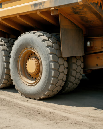 A close-up view focuses on the massive grey tires of a yellow dump truck. The tire treads are deeply grooved and textured, showing signs of dust and dirt. The yellow metal body of the truck is visible above, along with a mudguard. The ground beneath is a dusty, sandy surface with tire tracks.の素材