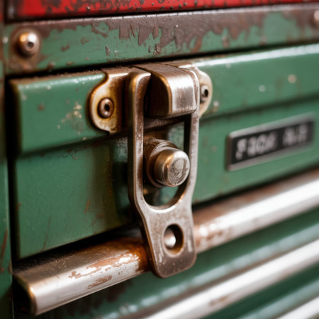Macro shot of a worn metal toolbox latch. The latch is a dull silver color with visible rust and pitting. It is attached to a green painted surface that shows signs of wear, with scratches and chipped paint revealing rust underneath. Above the green surface is a red painted section, also showing rust and wear. A metal handle or rail runs horizontally across the lower part of the image.の素材