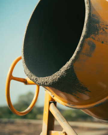 A macro shot focuses on the opening of a yellow cement mixer drum. Dried concrete residue clings to the rim and inside of the drum. A yellow steering wheel is visible on the left side of the machine. The background is blurred, showing a pale blue sky and distant green foliage.の素材