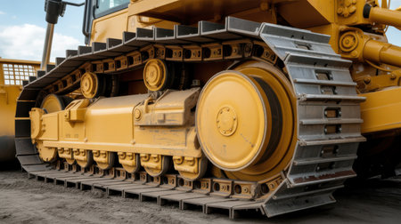 A detailed close-up view of a yellow bulldozer's track system. The metallic treads are prominent, showing their interlocking links and rugged texture. Several yellow wheels and rollers are visible beneath the track, supporting its weight. The machine is positioned on a sandy or dirt surface, with the lower portion of the bulldozer's body also visible. The overall impression is one of power and industrial strength.の素材