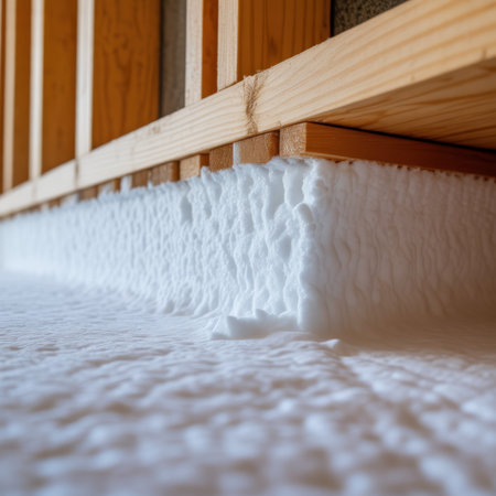 Insulation showing close up of white insulation foam surface against wooden framing texture. High resolution image suitable for commercial use. Clear details and vibrant colors enhance visual appeal.の素材