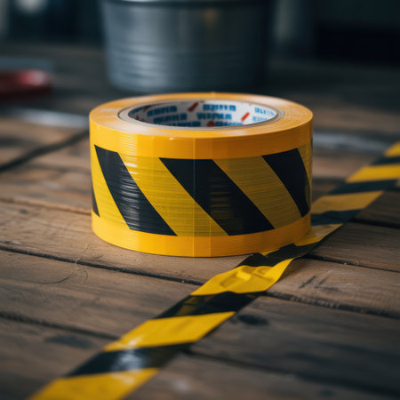 A roll of yellow and black hazard tape is positioned on a textured wooden surface. The tape features diagonal stripes of bright yellow and black. A length of the tape is unrolled and extends across the frame, showing its adhesive side with some raised texture. The wooden planks are aged and have visible grain. In the background, out of focus, are hints of industrial elements.の素材