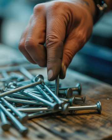 A close-up, macro shot shows a worker's hand with dirt on the fingers selecting a single metal nail from a pile of similar nails. The nails are silver and metallic, with visible heads and shafts. They are scattered on a textured wooden surface. The background is blurred, with hints of blue and grey.の素材