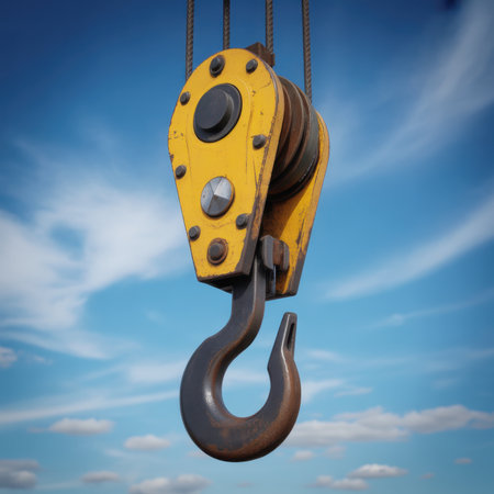 A close-up view of a yellow industrial crane hook and pulley block hangs against a bright blue sky with scattered white clouds. The metal surfaces show signs of wear and rust, indicating heavy use. The composition focuses on the robust machinery against the natural backdrop.の素材
