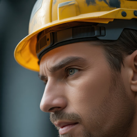 A close-up profile view of a man wearing a yellow construction hard hat. His blue-green eyes are visible, looking to the side with a focused expression. He has stubble on his chin and jawline. The hard hat shows some wear and tear. The background is a blurred, muted blue-grey.の素材