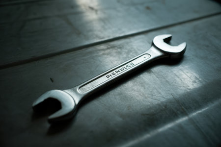 A single silver wrench is positioned diagonally on a dark, textured metallic surface. The surface exhibits scratches and subtle variations in tone, suggesting wear and use. Light casts shadows, creating a moody atmosphere. The wrench itself is clean and shows embossed lettering.の素材