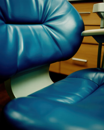 Blue showing close up of blue padded dental chair upholstery and wooden cabinet seat. High resolution image suitable for commercial use. Clear details and vibrant colors enhance visual appeal.の素材