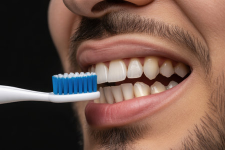 A macro shot focuses on a man's mouth as he brushes his teeth with a white toothbrush featuring bright blue bristles. The teeth are visible, some appearing whiter than others. The man has facial hair around his mouth and lips. The background is a solid dark color.の素材