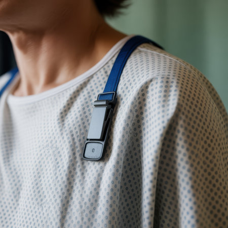 A close-up shot focuses on the shoulder and neck area of a person wearing a light-colored hospital gown with a subtle blue dot pattern. A blue strap is visible, attached to a black clip device that fastens to the gown. The background is a soft, muted green.の素材