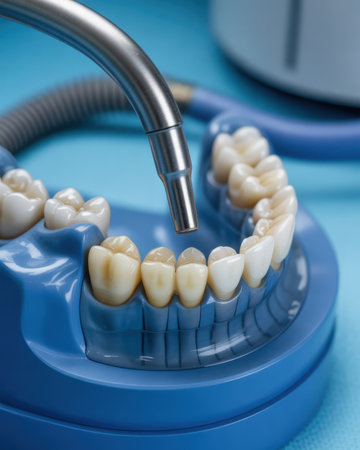 A close-up macro view of a metallic dental suction tube positioned over a blue dental model showcasing artificial teeth. The suction tube is silver and has a ribbed grey hose attached. The dental model is bright blue and holds a set of realistic-looking teeth. The background is a solid light blue.の素材