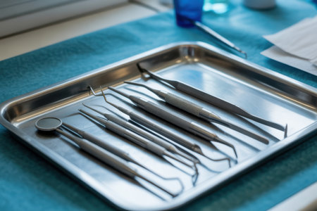 Dental showing close up of sterilized dental instruments on a blue cloth in a metal tray tools medical. High resolution image suitable for commercial use. Clear details and vibrant colors enhance visual appeal.の素材