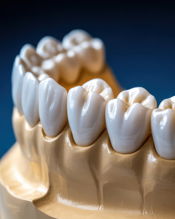 A close-up view of a dental model showcasing several white ceramic crowns attached to a beige jaw structure. The teeth are smooth and glossy, with subtle shading indicating their form. The beige base has a slightly textured, matte finish. The background is a deep, out-of-focus blue, creating a strong contrast.の素材