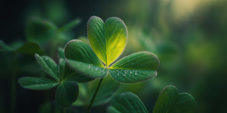 The captures a closeup of a vibrant green shamrock leaf with sunlight shining through its center, creating a bright and luminous effect. The leaf is adorned with tiny dew droplets, adding a sense of freshness and natural beauty. The background is a soft blur of green foliage, emphasizing the sharp details of the shamrock. The overall mood is serene and refreshing, highlighting the natural beauty of plant life.の素材