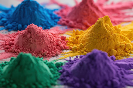 The a close-up view of five distinct piles of brightly colored powder in blue, yellow, pink, green, and purple. Each pile has a granular texture, with the colors appearing vivid and intense. The captures the intricate details of the powder grains, showcasing their vibrant hues and the contrast between the different colors. The composition highlights the texture and granularity of the powders, creating an artistic and visually appealing scene.の素材