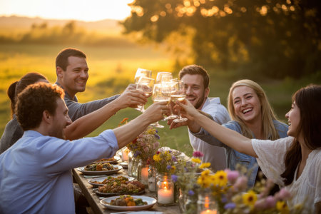 A group of people is gathered around an outdoor table, toasting with wine glasses. The setting is a countryside field during sunset, with a warm and cheerful atmosphere. The table is adorned with flowers, candles, and various dishes of food. Everyone is smiling and laughing, creating a joyful and social mood. The scene captures a moment of celebration and togetherness in a natural, relaxed environment.の素材