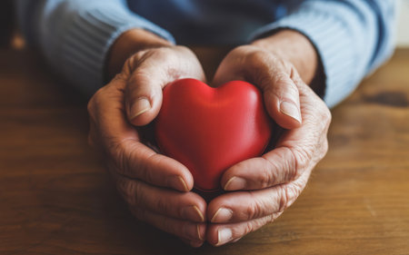 The a close-up of elderly hands gently cradling a bright red heart-shaped The hands are wrinkled, indicating age, and the heart is smooth and vibrant. The background is a wooden surface, adding a warm and natural texture to the scene. The composition conveys a sense of care, love, and tenderness, emphasizing the emotional connection and support symbolized by the heart.の素材