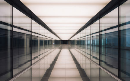 The a long, empty office corridor with highly reflective glass walls on both sides. The floor is covered in shiny tiles, creating a mirror-like effect that enhances the sense of depth and symmetry. The corridor extends into the distance, converging at a vanishing point, emphasizing the linear perspective. The overall atmosphere is clean, minimalist, and futuristic, with bright lighting contributing to a and corporate mood.の素材
