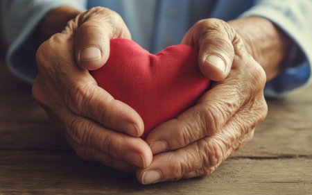The a close-up of elderly hands gently holding a red heart-shaped made of fabric. The hands are wrinkled and aged, with visible veins and texture, indicating the person's advanced years. The heart is vibrant red and appears soft, symbolizing love and care. The background is a wooden surface with a natural, warm texture, enhancing the overall mood of tenderness and affection. The composition focuses on the hands and the heart, emphasizing the themes of love, support, and comfort.の素材