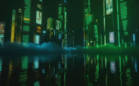 The a futuristic cyberpunk cityscape at night, dominated by towering skyscrapers illuminated with vibrant neon lights in shades of green and blue. The buildings are adorned with large digital advertisements and glowing panels, creating a high-tech, electric atmosphere. A layer of fog hovers near the base of the buildings, reflecting the neon lights on the wet ground below, adding to the overall futuristic and atmospheric mood of the scene.の素材