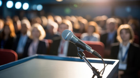 The a microphone mounted on a podium in the foreground, with a blurred audience in the background. The audience appears to be seated in a conference hall, with many individuals wearing formal attire such as suits and ties. The lighting is bright, creating a soft and focused depth of field effect, emphasizing the microphone and podium while the audience remains out of focus. The overall mood suggests a formal business or event, likely a conference or presentation.の素材