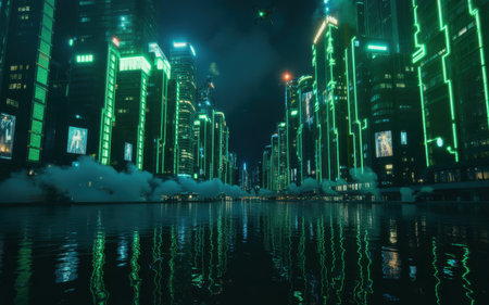 The a futuristic cityscape at night, featuring towering skyscrapers illuminated with vibrant green neon lights. The buildings are densely packed, creating a high-tech, cyberpunk atmosphere. The scene is further enhanced by a layer of fog that adds a mysterious and ethereal to the environment. Reflections of the neon lights shimmer on a body of water in the foreground, adding depth and a sense of tranquility to the otherwise bustling urban setting.の素材