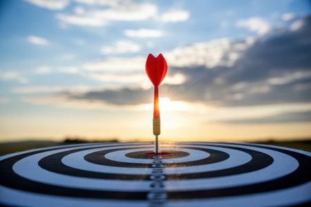 A close-up view of a red dart with an orange tip perfectly stuck in the center of a black and white target. The target concentric rings with the bullseye clearly visible. The background a serene sunset with a mix of blue sky and scattered clouds, creating a calm and focused mood. The emphasizes precision, accuracy, and the achievement of hitting the target's center.の素材