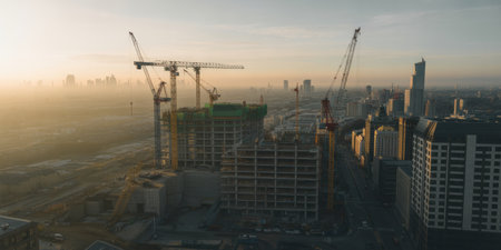 The an urban construction site with several high-rise buildings under construction. Large cranes dominate the scene, lifting and aiding in the building process. The setting is during sunset, casting a warm, golden light over the cityscape. The skyline in the background a mix of completed skyscrapers and ongoing construction projects. The atmosphere is hazy, adding a soft, diffused to the light. The scene captures the essence of urban development and progress.の素材
