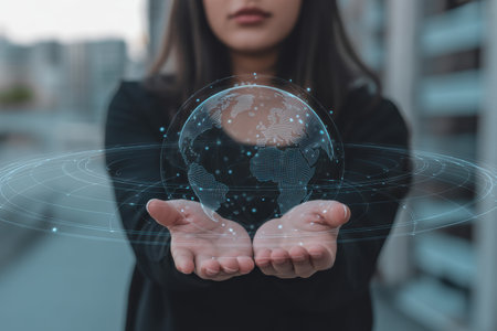 A woman with black hair and a black jacket is holding a glowing digital globe with holographic connections in her hands. The globe is surrounded by blue dots and lines, symbolizing a network or digital connections. The background an urban setting with buildings and a street, creating a futuristic and modern atmosphere. The conveys a sense of technology, innovation, and global connectivity.の素材