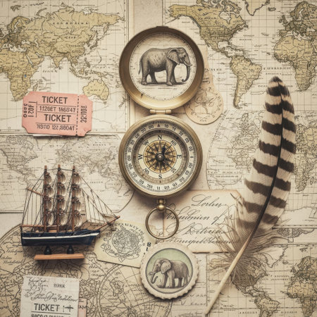 Vintage style travel and adventure background with old map, compass and ship.の素材