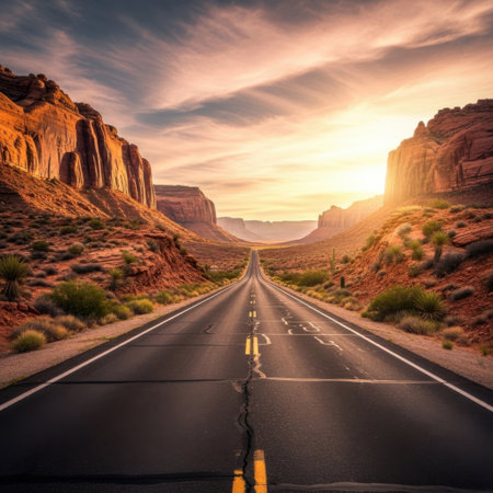 Road in Monument Valley at sunset, Arizona, United States of Americaの素材