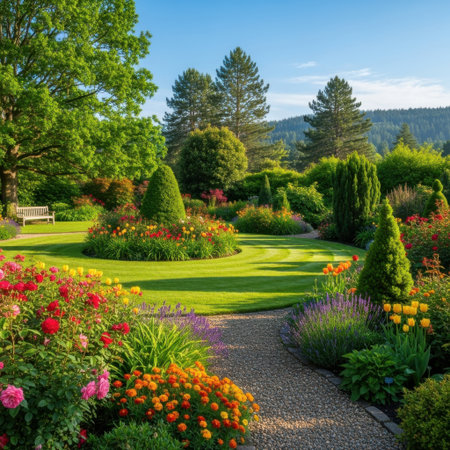 Beautiful summer garden with blooming flowers, trees and paths.の素材