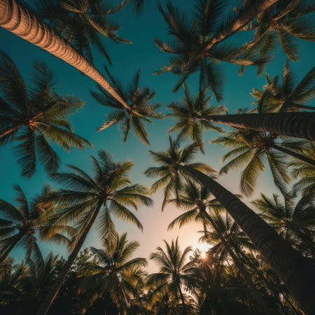 Coconut palm trees at sunset. Vintage toned, retro styleの素材