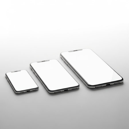 Three smartphones with blank screen on white background. 3D illustration.の素材