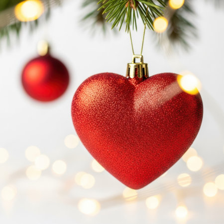 Red heart on the background of the Christmas tree and bokehの素材