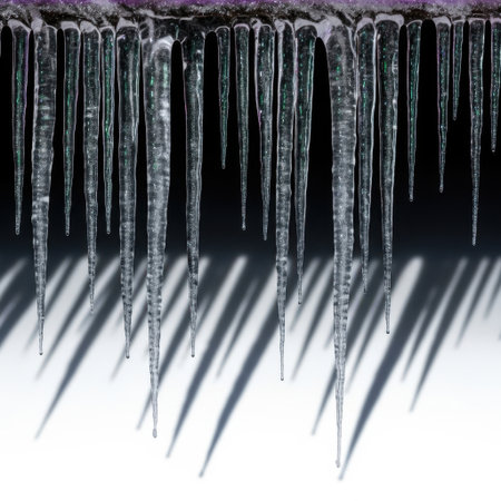 This image features a collection of icicles hanging from a surface, set against a transparent background. The icicles are clear and have a glossy appearance, with some showing hints of green and blue hues. The image is well-lit, casting shadows of the icicles on the white background, creating a visually appealing contrast.の素材