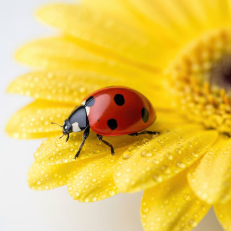 ladybug on yellow flower petals isolated on white background macroの素材
