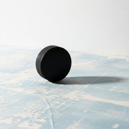 Hockey puck on a blue table with white wall in the backgroundの素材
