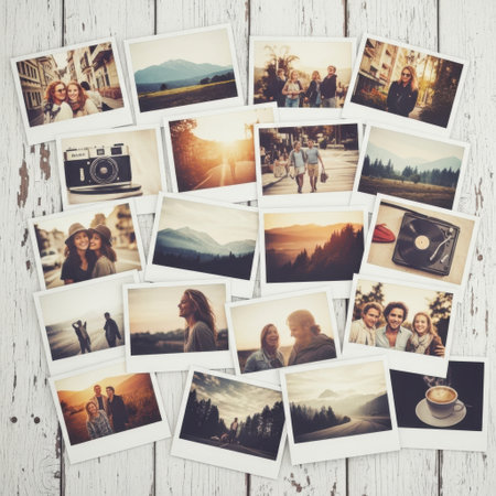 Cup of coffee and old photos on wooden background. Photo collageの素材