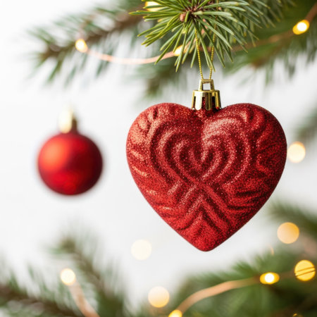 This image features a red heart-shaped Christmas ornament with a textured surface hanging from a pine branch. The ornament is the focal point, set against a transparent background. In the background, there is a blurred red spherical ornament and bokeh lights, adding a festive atmosphere. Ideal for holiday decorations and Christmas themes.の素材