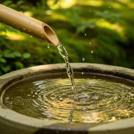Water pouring from a wooden bowl into a water fountain in the gardenの素材