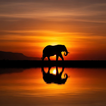 A majestic elephant stands by the water's edge, its silhouette highlighted against a vibrant sunset. The reflection of the setting sun creates a mirror image on the calm water surface, adding to the serene beauty of the scene. The sky is painted with hues of orange and yellow, casting a warm glow over the landscape.の素材